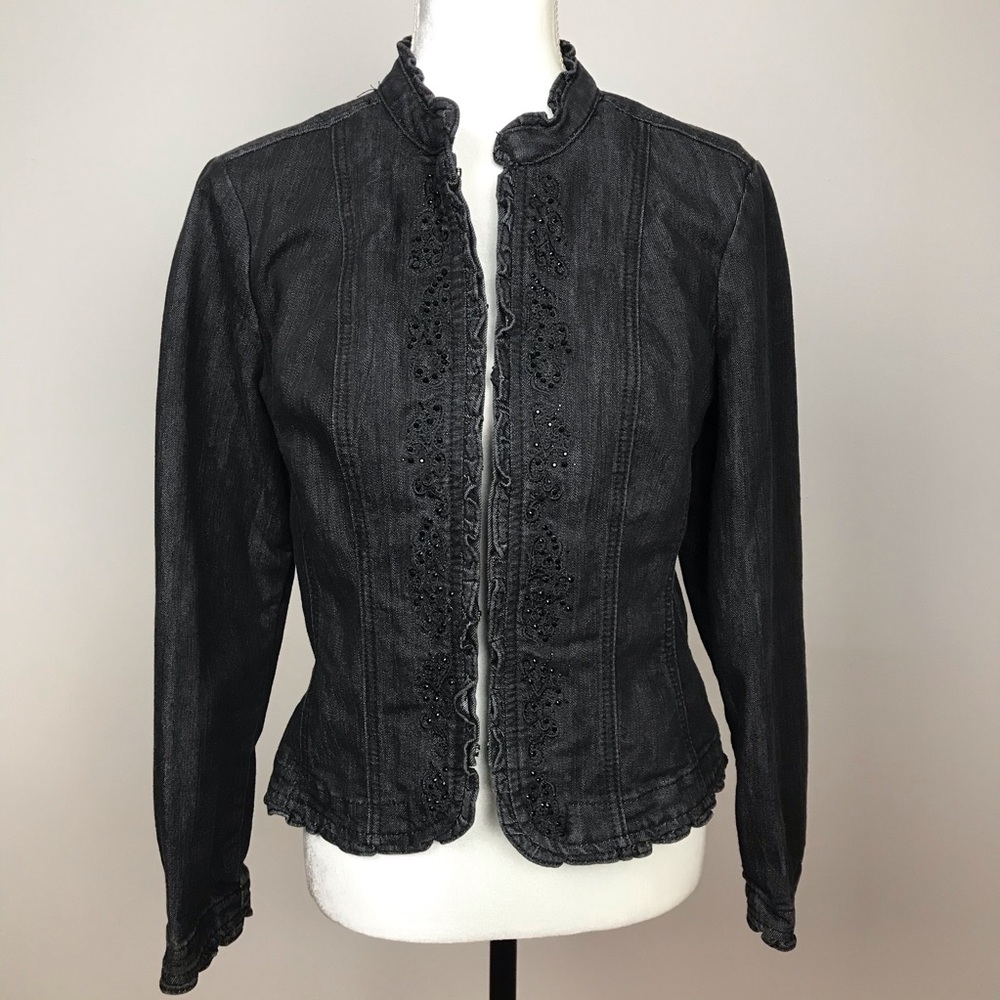 Christopher & Banks Black Denim Jacket Embellished Women Size M Hook Clo…